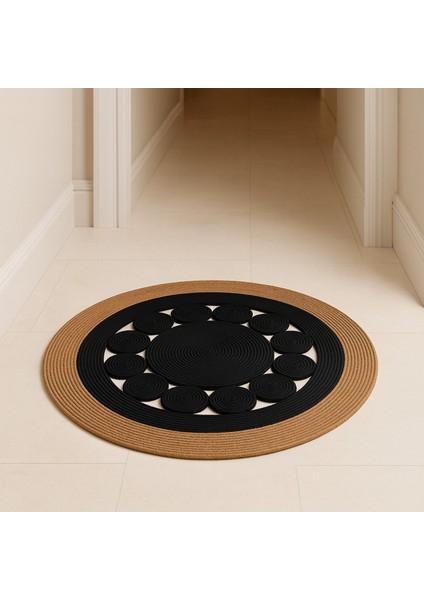 Jutella Jüt Bej-Siyah Ortası Kurabiyeli Yuvarlak Modern Salon Banyo Kilim Halı Paspas Yolluk modelleri