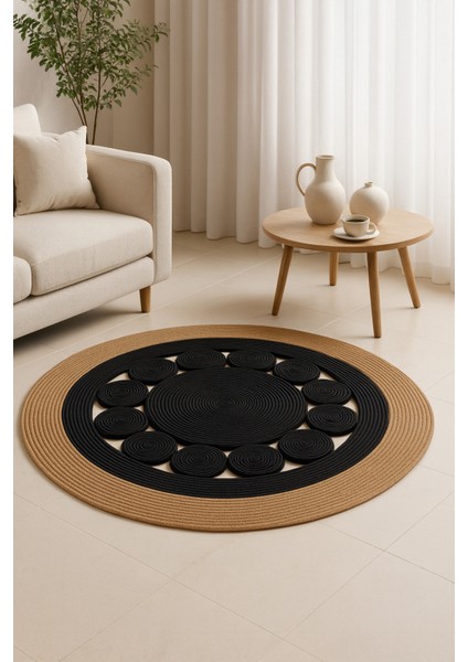 Jutella Jüt Bej-Siyah Ortası Kurabiyeli Yuvarlak Modern Salon Banyo Kilim Halı Paspas Yolluk fırsatları