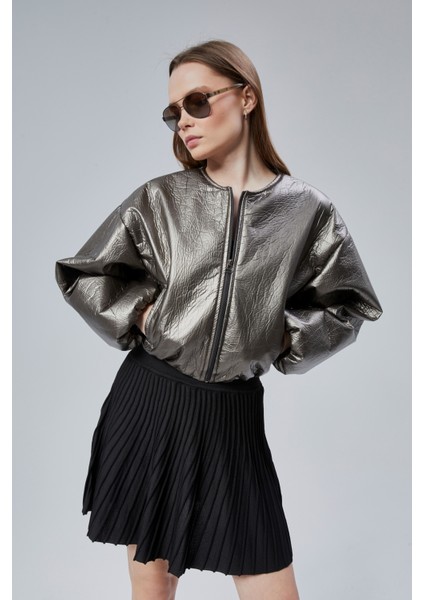 Kadın Puf Elastik Kenarlı Yumuşak Bomber Ceket Bisiklet Yaka Uzun Kollu Önü Fermuarlı Mont