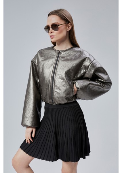 Kadın Puf Elastik Kenarlı Yumuşak Bomber Ceket Bisiklet Yaka Uzun Kollu Önü Fermuarlı Mont fiyatları