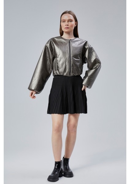 Kadın Puf Elastik Kenarlı Yumuşak Bomber Ceket Bisiklet Yaka Uzun Kollu Önü Fermuarlı Mont fırsatları