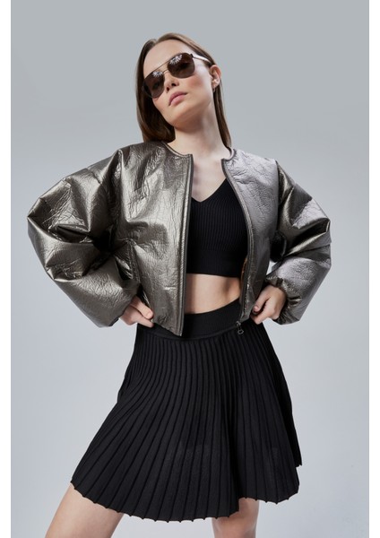 Kadın Puf Elastik Kenarlı Yumuşak Bomber Ceket Bisiklet Yaka Uzun Kollu Önü Fermuarlı Mont indirimleri