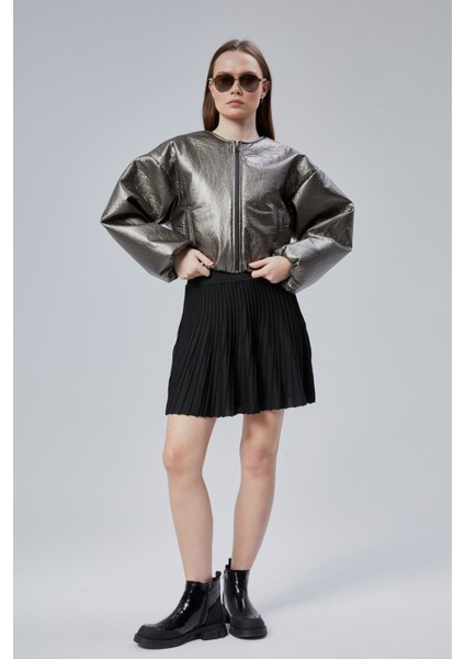 Kadın Puf Elastik Kenarlı Yumuşak Bomber Ceket Bisiklet Yaka Uzun Kollu Önü Fermuarlı Mont