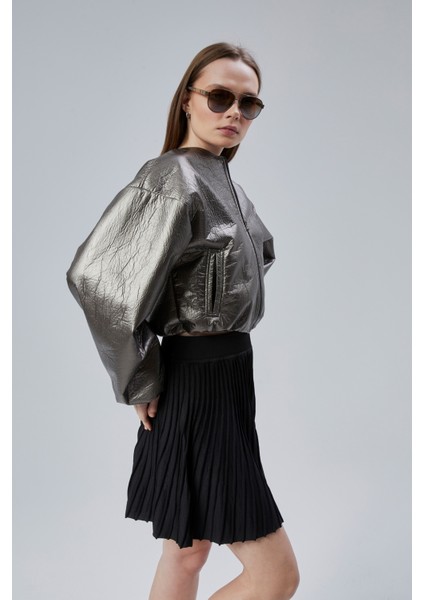 Kadın Puf Elastik Kenarlı Yumuşak Bomber Ceket Bisiklet Yaka Uzun Kollu Önü Fermuarlı Mont