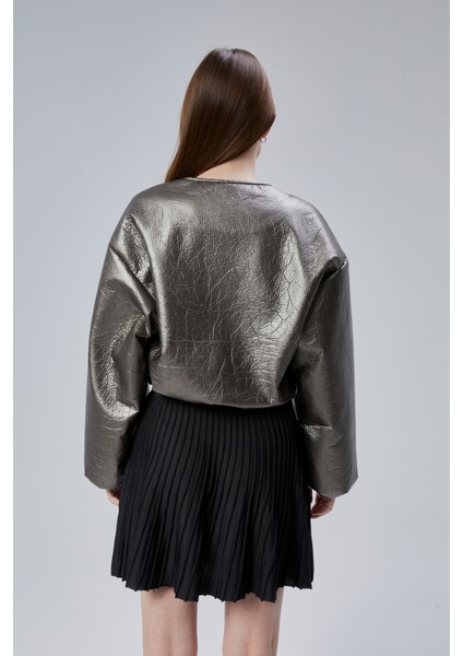 Kadın Puf Elastik Kenarlı Yumuşak Bomber Ceket Bisiklet Yaka Uzun Kollu Önü Fermuarlı Mont