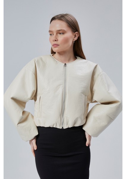 Kadın Puf Elastik Kenarlı Yumuşak Bomber Ceket Bisiklet Yaka Uzun Kollu Önü Fermuarlı Mont modelleri