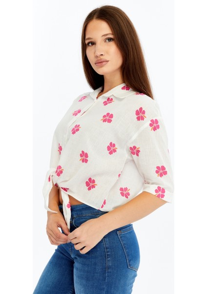 Kadın Çiçek Desenli Bağlamalı Kısa Kollu Gömlek – Yazlık Hafif Kumaş Beyaz fırsatları