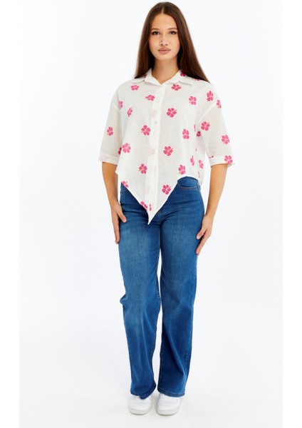 Kadın Çiçek Desenli Bağlamalı Kısa Kollu Gömlek – Yazlık Hafif Kumaş Beyaz indirimleri
