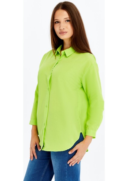 Kadın Uzun Kollu Düğmeli Basic Gömlek – Yeşil Rahat Kalıp Günlük & Ofis Şıklığı indirimleri