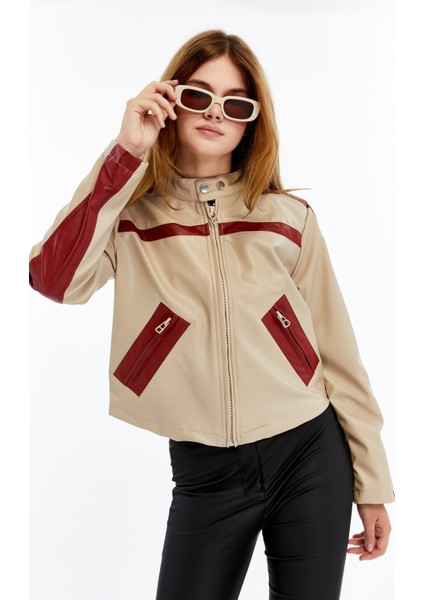 Kadın Şeritli Deri Ceket Günlük Kullanım Niş Özgün Tasarım Mont Fermuarlı Standart Bomber Ceket