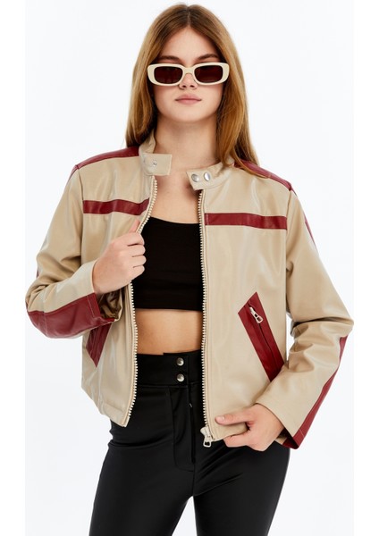 Kadın Şeritli Deri Ceket Günlük Kullanım Niş Özgün Tasarım Mont Fermuarlı Standart Bomber Ceket fiyatları