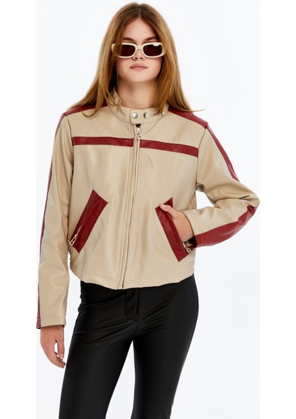 Kadın Şeritli Deri Ceket Günlük Kullanım Niş Özgün Tasarım Mont Fermuarlı Standart Bomber Ceket modelleri