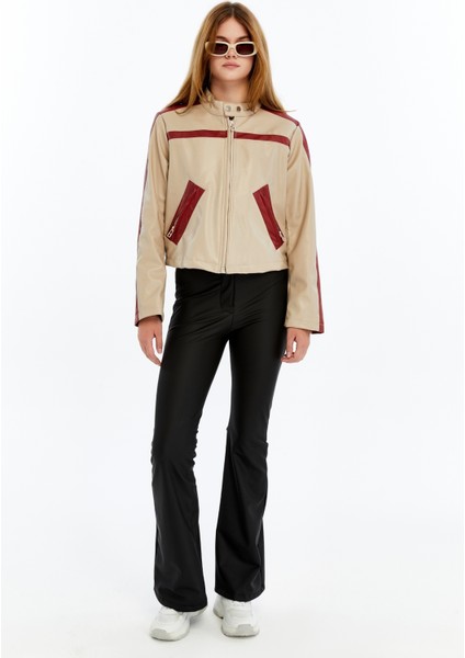 Kadın Şeritli Deri Ceket Günlük Kullanım Niş Özgün Tasarım Mont Fermuarlı Standart Bomber Ceket fırsatları