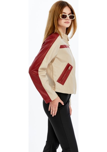 Kadın Şeritli Deri Ceket Günlük Kullanım Niş Özgün Tasarım Mont Fermuarlı Standart Bomber Ceket indirimleri