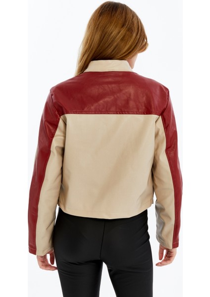 Kadın Şeritli Deri Ceket Günlük Kullanım Niş Özgün Tasarım Mont Fermuarlı Standart Bomber Ceket