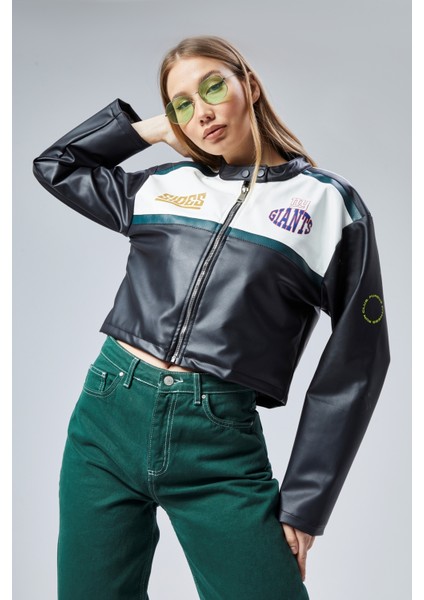 Kadın Oversize Baskılı Deri Şeritli Motorcu Montu Kısa Fermuarlı Yarışçı Ceketi Bomber Kolej Mont