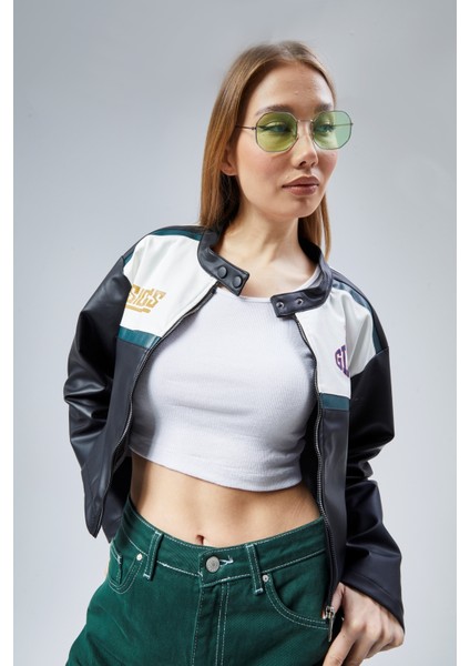 Kadın Oversize Baskılı Deri Şeritli Motorcu Montu Kısa Fermuarlı Yarışçı Ceketi Bomber Kolej Mont fiyatları