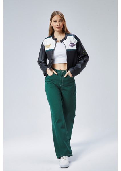 Kadın Oversize Baskılı Deri Şeritli Motorcu Montu Kısa Fermuarlı Yarışçı Ceketi Bomber Kolej Mont modelleri