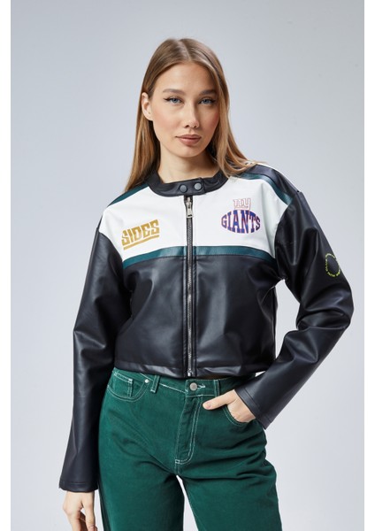 Kadın Oversize Baskılı Deri Şeritli Motorcu Montu Kısa Fermuarlı Yarışçı Ceketi Bomber Kolej Mont fırsatları