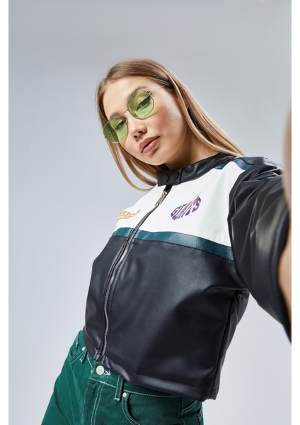 Kadın Oversize Baskılı Deri Şeritli Motorcu Montu Kısa Fermuarlı Yarışçı Ceketi Bomber Kolej Mont