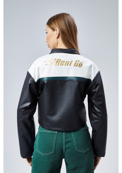 Kadın Oversize Baskılı Deri Şeritli Motorcu Montu Kısa Fermuarlı Yarışçı Ceketi Bomber Kolej Mont
