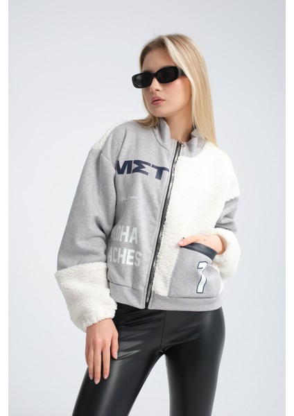 Kadın Oversize Peluş ve Üç Iplik Polar Hırka Baskılı Motorcu Montu Yarışçı Ceket Bomber Kolej Mont