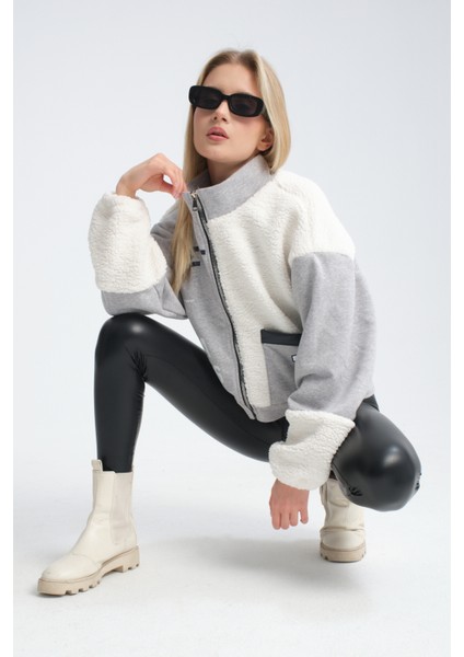 Kadın Oversize Peluş ve Üç Iplik Polar Hırka Baskılı Motorcu Montu Yarışçı Ceket Bomber Kolej Mont fiyatları