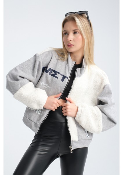 Kadın Oversize Peluş ve Üç Iplik Polar Hırka Baskılı Motorcu Montu Yarışçı Ceket Bomber Kolej Mont fırsatları