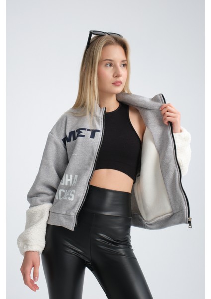 Kadın Oversize Peluş ve Üç Iplik Polar Hırka Baskılı Motorcu Montu Yarışçı Ceket Bomber Kolej Mont