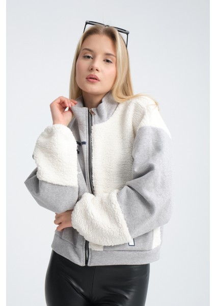 Kadın Oversize Peluş ve Üç Iplik Polar Hırka Baskılı Motorcu Montu Yarışçı Ceket Bomber Kolej Mont