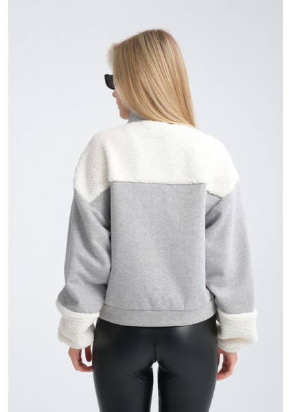 Kadın Oversize Peluş ve Üç Iplik Polar Hırka Baskılı Motorcu Montu Yarışçı Ceket Bomber Kolej Mont