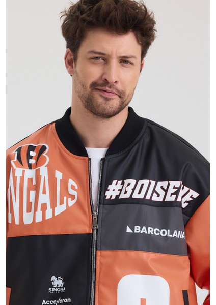 Erkek Oversize Deri Garnili Baskılı Motorcu Montu Kolej Ceketi Bomber Günlük Mont indirimleri