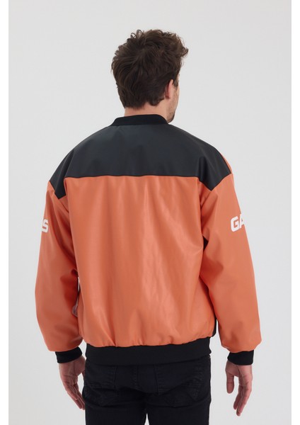 Erkek Oversize Deri Garnili Baskılı Motorcu Montu Kolej Ceketi Bomber Günlük Mont