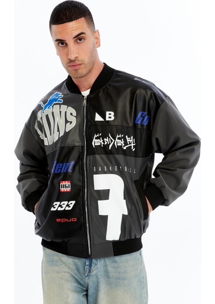 Erkek Oversize Baskılı Motorcu Montu Rüzgara ve Suya Dayanıklı Kolej Ceket