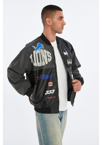 Erkek Oversize Baskılı Motorcu Montu Rüzgara ve Suya Dayanıklı Kolej Ceket