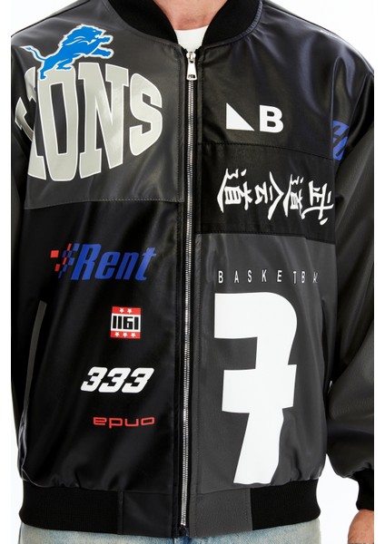 Erkek Oversize Baskılı Motorcu Montu Rüzgara ve Suya Dayanıklı Kolej Ceket