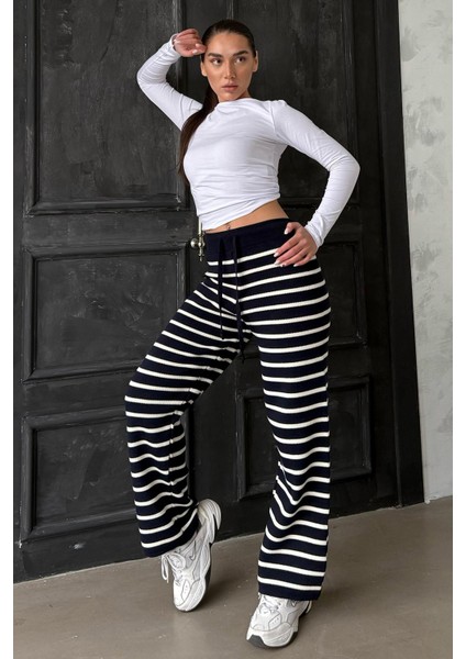 Lacivert Çizgili Kadın Triko Pantolon MG2342