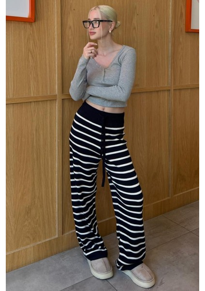 Lacivert Çizgili Kadın Triko Pantolon MG2342