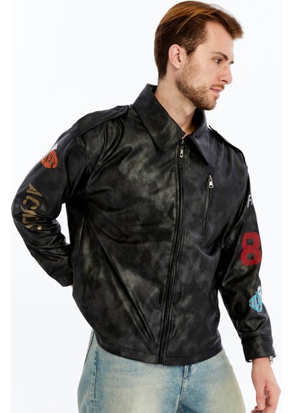 Erkek Oversize Deri Mont Günlük Baskılı Ceket Niş Kompakt Tasarım