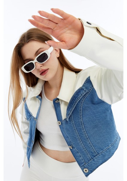 Kadın Oversize Kot Ceket Kolları Deri Garnili Motorcu Montu Günlük Kullanım Yarışçı Kolej Ceket