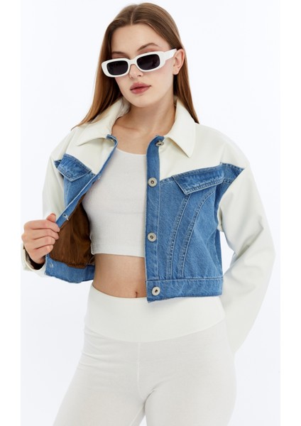 Kadın Oversize Kot Ceket Kolları Deri Garnili Motorcu Montu Günlük Kullanım Yarışçı Kolej Ceket indirimleri