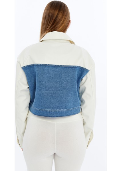 Kadın Oversize Kot Ceket Kolları Deri Garnili Motorcu Montu Günlük Kullanım Yarışçı Kolej Ceket