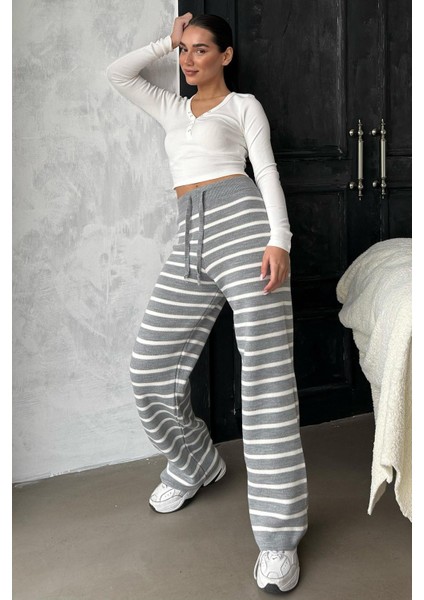 Gri Çizgili Kadın Triko Pantolon MG2342