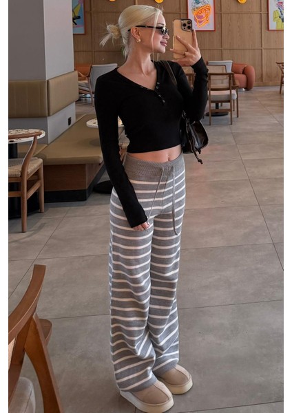 Gri Çizgili Kadın Triko Pantolon MG2342 fiyatları