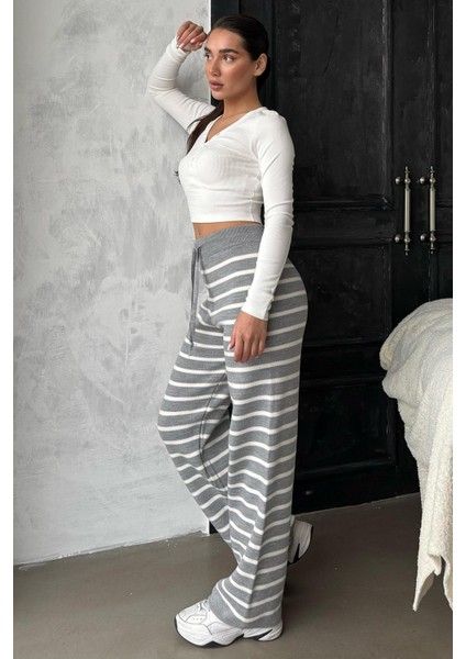 Gri Çizgili Kadın Triko Pantolon MG2342