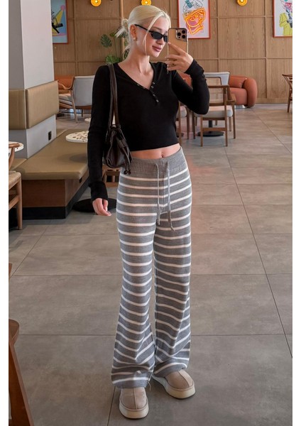 Gri Çizgili Kadın Triko Pantolon MG2342