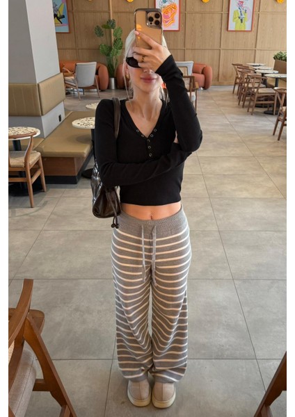 Gri Çizgili Kadın Triko Pantolon MG2342