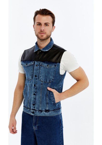 Erkek Deri Birleşenli Kot Yelek Çıt Çıt Kapamalı Niş Tasarım Günlük Kullanım