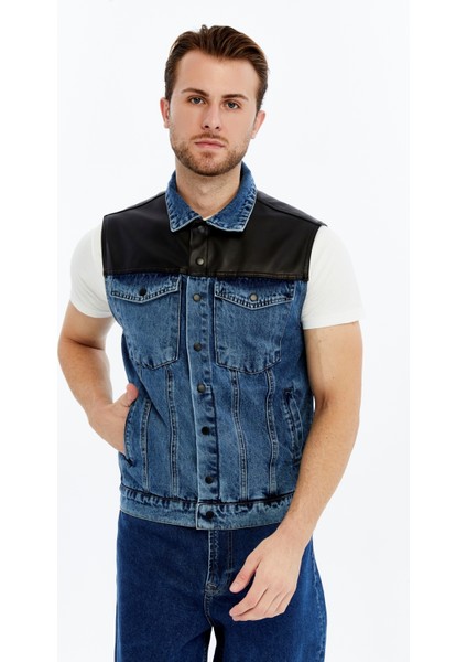 Erkek Deri Birleşenli Kot Yelek Çıt Çıt Kapamalı Niş Tasarım Günlük Kullanım fiyatları