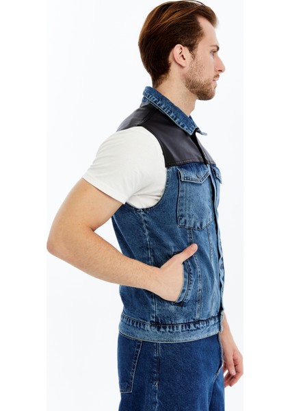 Erkek Deri Birleşenli Kot Yelek Çıt Çıt Kapamalı Niş Tasarım Günlük Kullanım modelleri